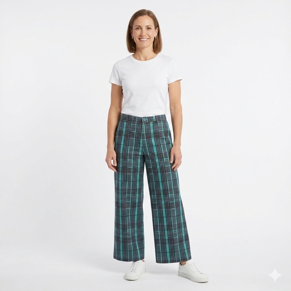 The Kit. Tracee Wide Leg High Waist Plaid Pants Size 8 Teal Purple Organic Cotto